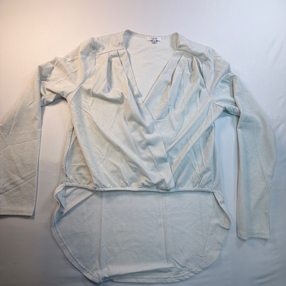Verte Women's L Shimmer Blouse High Low Faux Wrap Cropped Front Long Sleeve NWOT